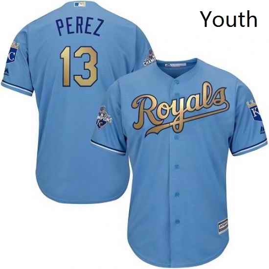 Youth Majestic Kansas City Royals 13 Salvador Perez Authentic Light Blue 2015 World Series Champions Gold Program Cool Base MLB Jersey